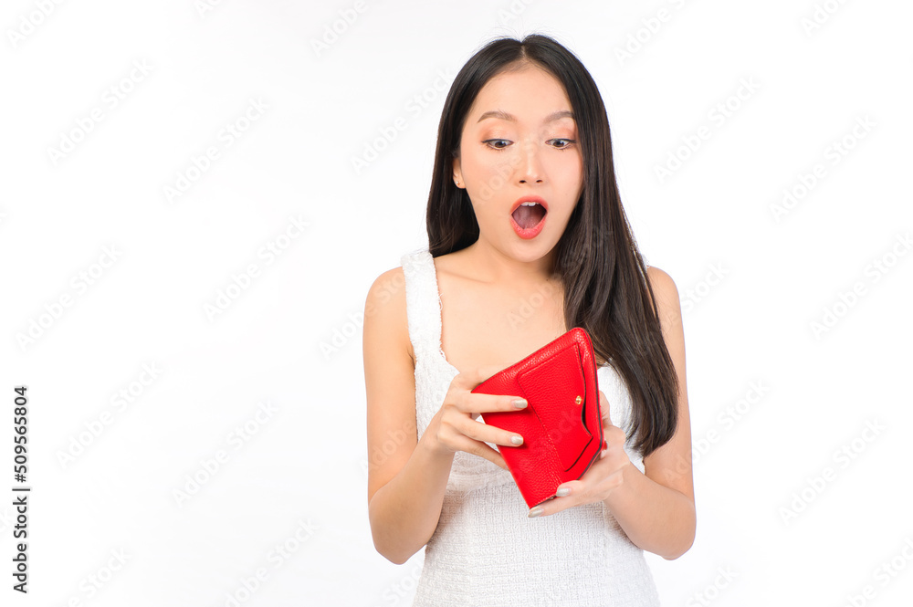 Portrait of young cheerful sexy asian woman happy holding happy holding a purse and wallet in hand, winner successful in business bankruptcy economic financial concept. Portrait of young cheerful sexy asian woman happy holding happy holding a purse and wallet in hand, winner successful in business bankruptcy economic financial concept.