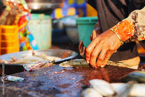 Cutting fish into small pieces, Mirkarwada Jetty, Ratnagiri, Maharashtra, India photo