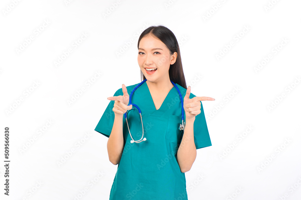 Portrait of professional confident young asian female smiling doctor in green scrubs, doctor healthcare and doctors concept. Portrait of professional confident young asian female smiling doctor in green scrubs, doctor healthcare and doctors concept.