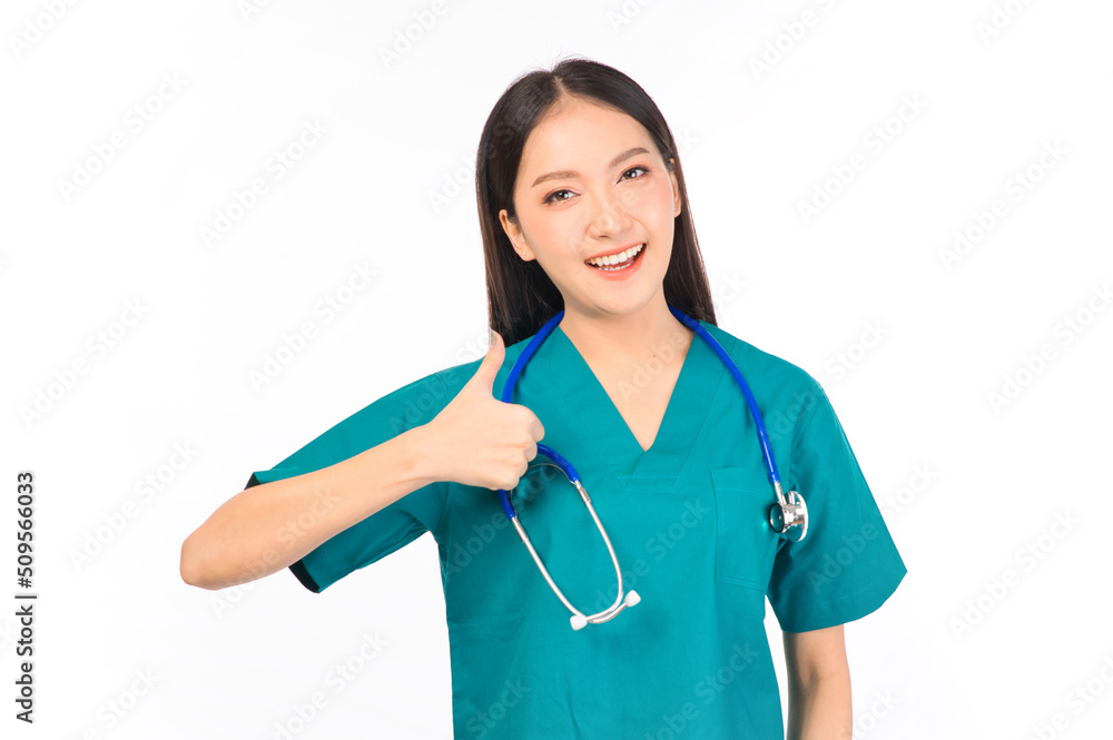 Portrait of professional confident young asian female smiling doctor in green scrubs hands pointing showing thumbs up, presenting with copy space, doctor healthcare and doctors concept. Portrait of professional confident young asian female smiling doctor in green scrubs hands pointing showing thumbs up, presenting with copy space, doctor healthcare and doctors concept.