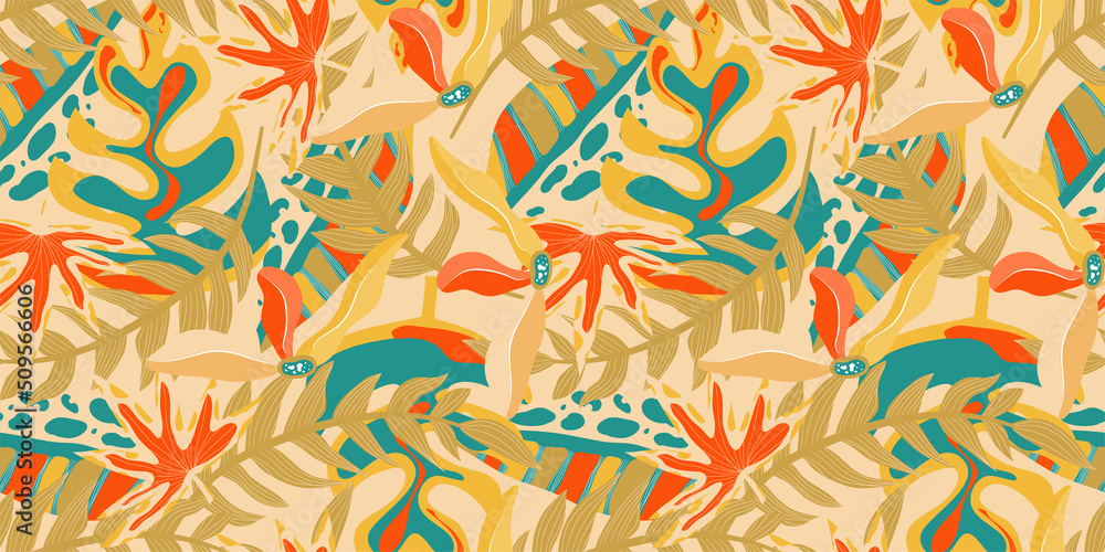 Naklejka premium Aesthetic boho jungle seamless pattern for print design. Boho botanical tropic floral background. Modern exotic floral jungle pattern. Geometric texture. Print design