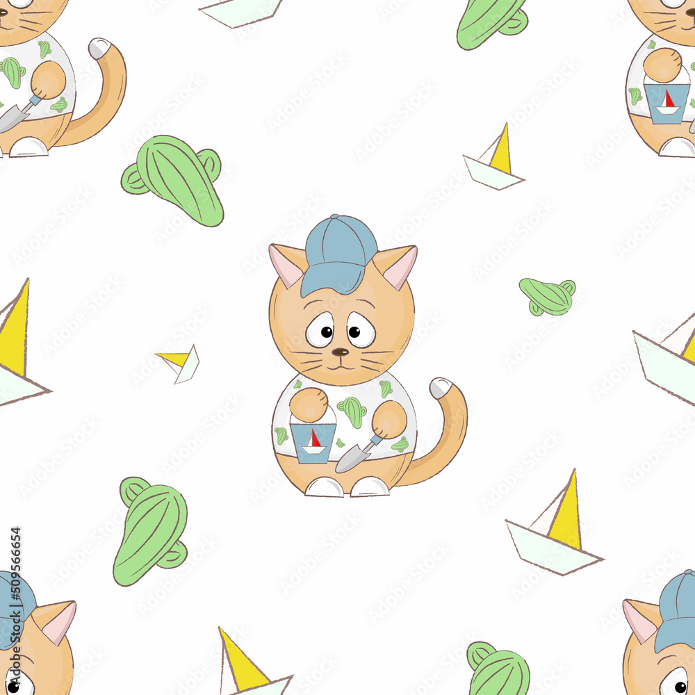 pattern with cat cactus and ship pattern with cat cactus and ship