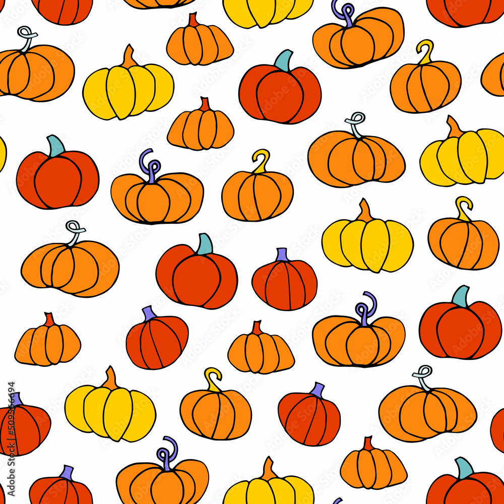 Doodle Pumpkin seamless pattern. Different pumpkin on white background. Orange hand-drawn vegetables. Vector line illustration for package, wallpaper, autumn holidays, markets, Halloween, Thanksgiving Doodle Pumpkin seamless pattern. Different pumpkin on white background. Orange hand-drawn vegetables. Vector line illustration for package, wallpaper, autumn holidays, markets, Halloween, Thanksgiving