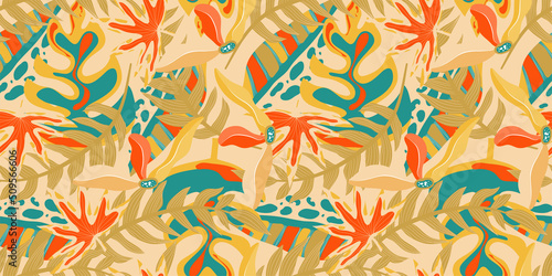 Aesthetic boho jungle seamless pattern for print design. Boho botanical tropic floral background. Modern exotic floral jungle pattern. Geometric texture. Print design
