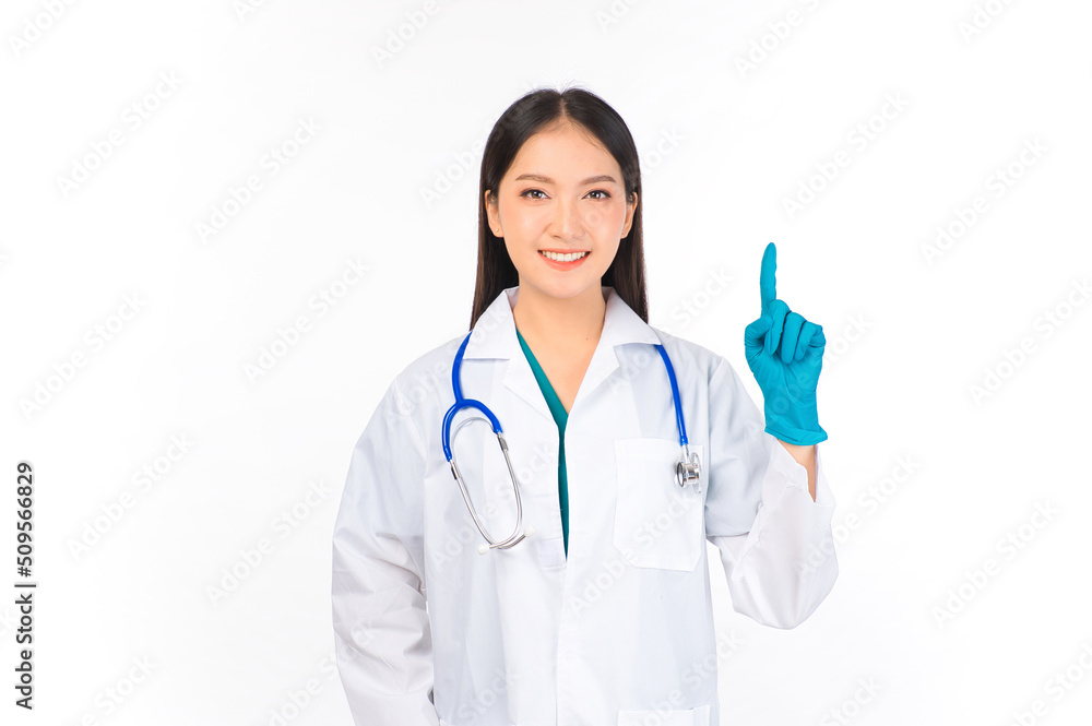 portrait asian female doctor with stethoscope in uniform. wearing surgical gloves portrait asian female doctor with stethoscope in uniform. wearing surgical gloves