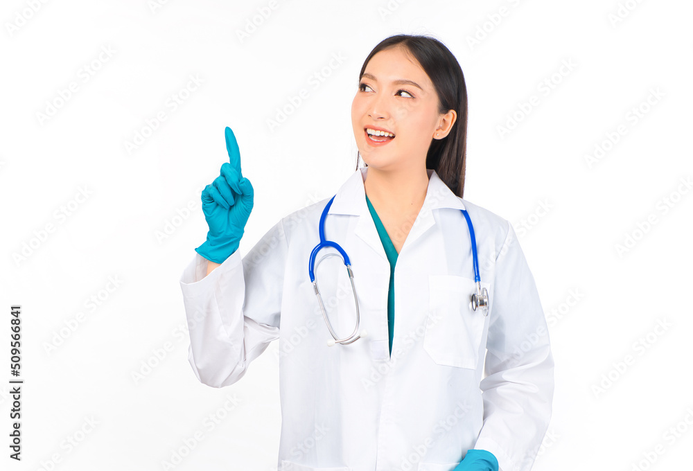 portrait asian female doctor with stethoscope in uniform. wearing surgical gloves portrait asian female doctor with stethoscope in uniform. wearing surgical gloves