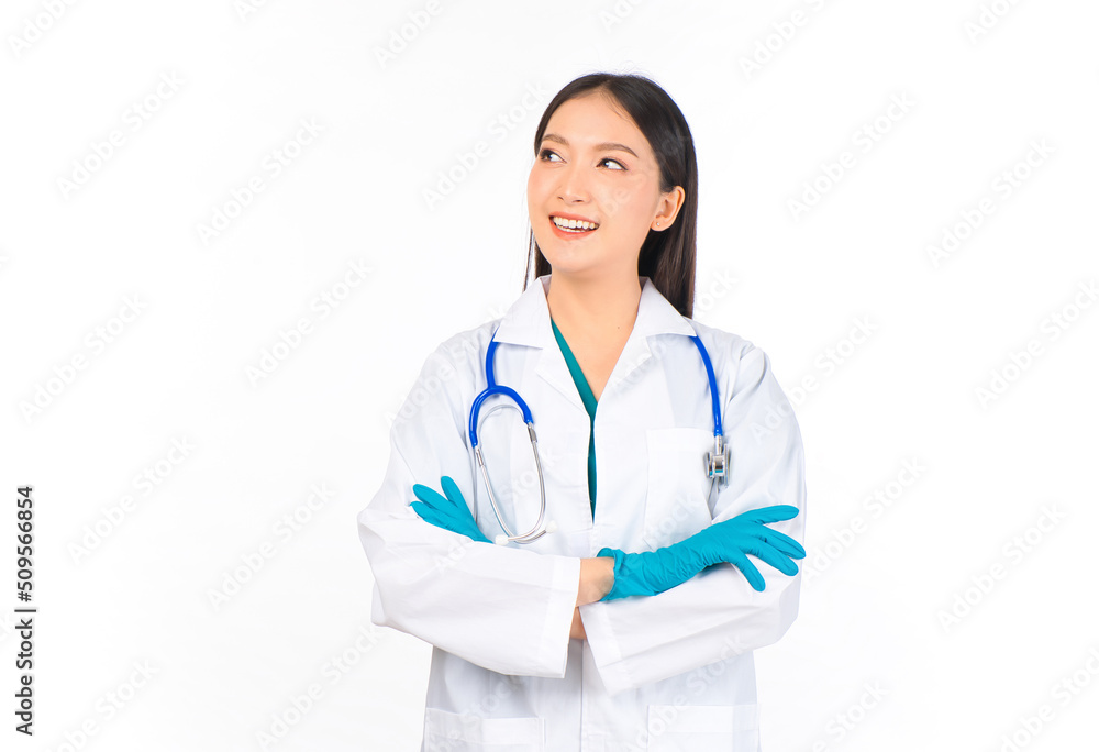 portrait asian female doctor with stethoscope in uniform. wearing surgical gloves portrait asian female doctor with stethoscope in uniform. wearing surgical gloves