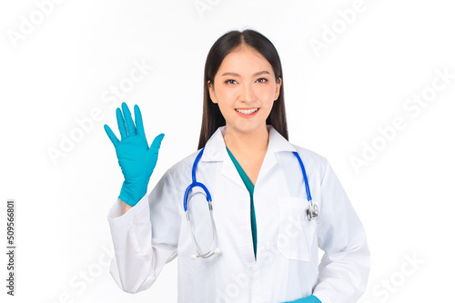 portrait asian female doctor with stethoscope in uniform protection facial mask wearing surgical gloves.