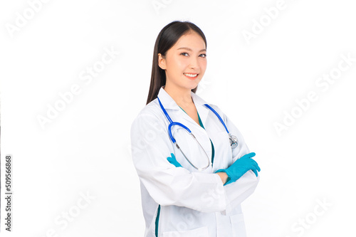 portrait asian female doctor with stethoscope in uniform. wearing surgical gloves