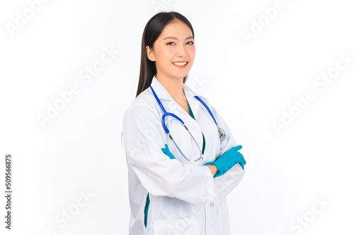 portrait asian female doctor with stethoscope in uniform. wearing surgical gloves