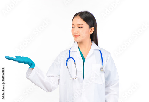 portrait asian female doctor with stethoscope in uniform. wearing surgical gloves