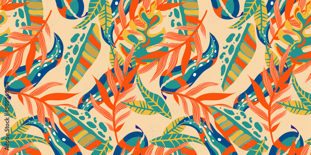 Fototapeta premium Aesthetic boho jungle seamless pattern for print design. Boho botanical tropic floral background. Modern exotic floral jungle pattern. Geometric texture. Print design