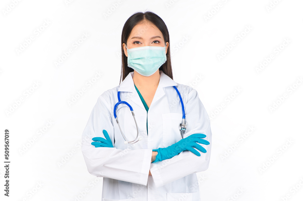portrait asian female doctor with stethoscope in uniform protection facial mask wearing surgical gloves. portrait asian female doctor with stethoscope in uniform protection facial mask wearing surgical gloves.