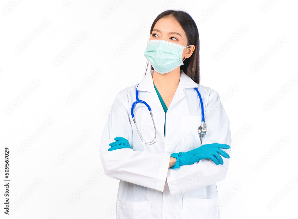 portrait asian female doctor with stethoscope in uniform. wearing surgical gloves thinking and pointing fingers copy space, doctor healthcare and doctors concept.
