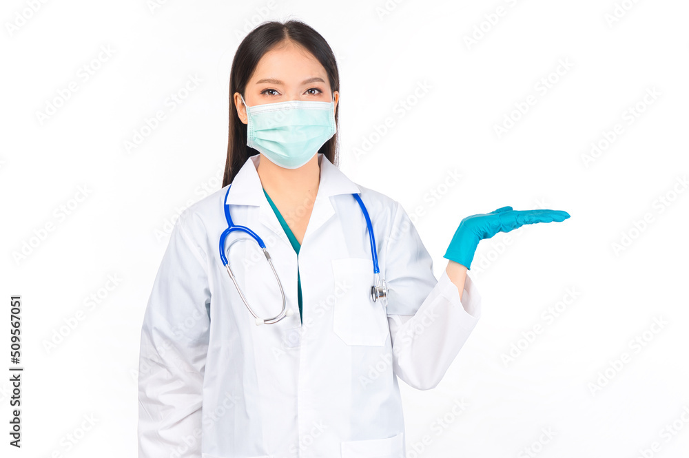 portrait asian female doctor with stethoscope in uniform. wearing surgical gloves thinking and pointing fingers copy space, doctor healthcare and doctors concept. portrait asian female doctor with stethoscope in uniform. wearing surgical gloves thinking and pointing fingers copy space, doctor healthcare and doctors concept.