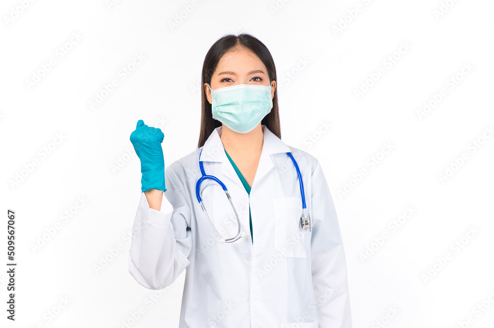 portrait asian female doctor with stethoscope in uniform cheer up protection facial mask wearing surgical gloves, doctor healthcare and doctors concept. portrait asian female doctor with stethoscope in uniform cheer up protection facial mask wearing surgical gloves, doctor healthcare and doctors concept.