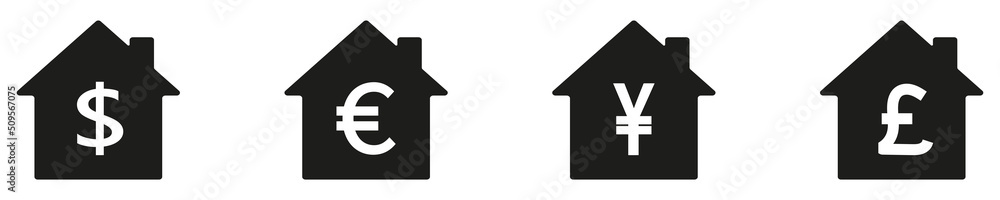 Houses with dollar, euro and pound, yen sign. Vector illustration for your design. eps10 Houses with dollar, euro and pound, yen sign. Vector illustration for your design. eps10