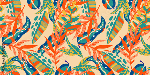 Aesthetic boho jungle seamless pattern for print design. Boho botanical tropic floral background. Modern exotic floral jungle pattern. Geometric texture. Print design