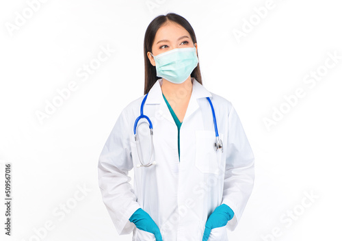 portrait asian female doctor with stethoscope in uniform protection facial mask wearing surgical gloves.