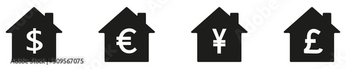 Houses with dollar, euro and pound, yen sign. Vector illustration for your design. eps10