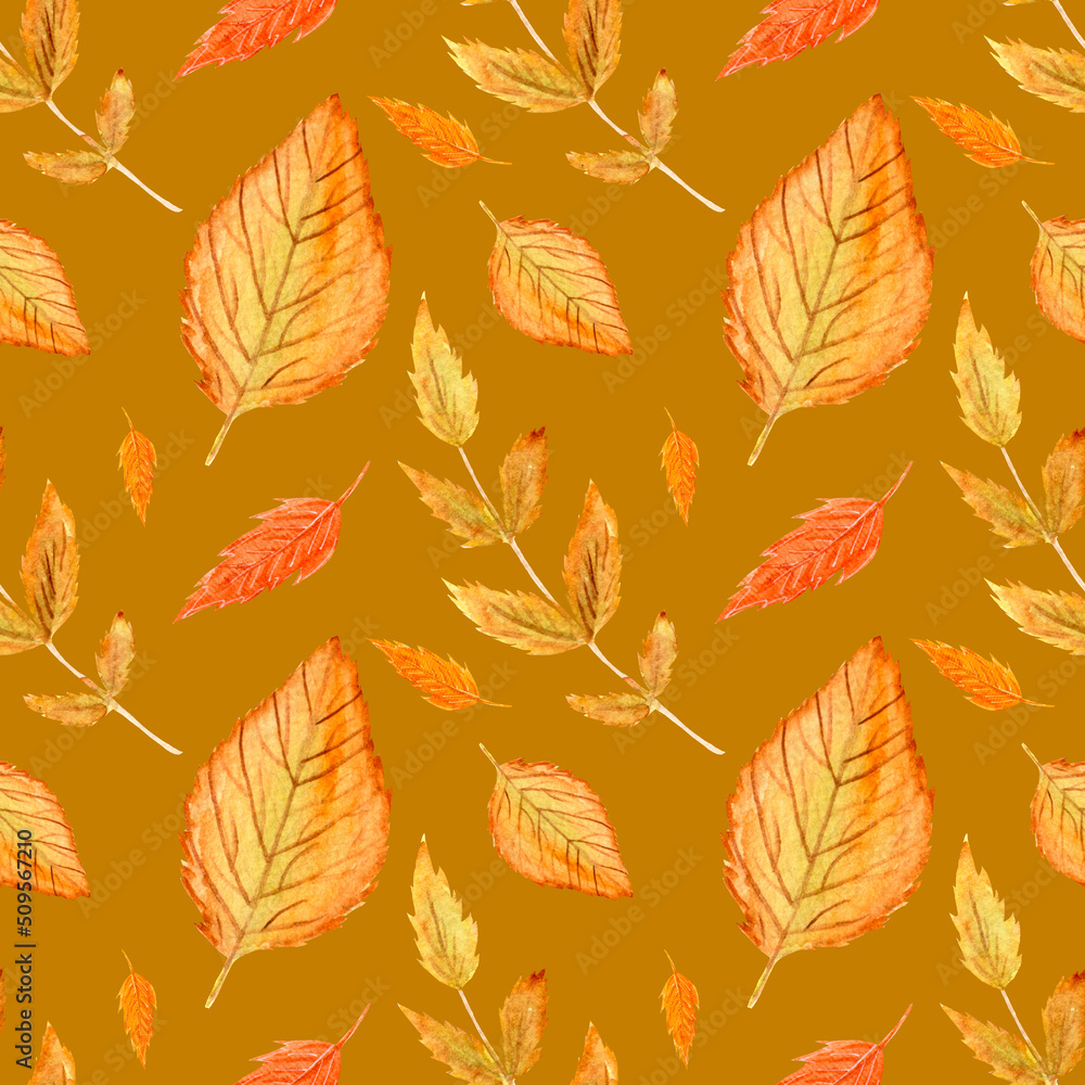 Watercolor autumn pattern, leaves on a brown background. Seamless colorful botanical pattern for various products.