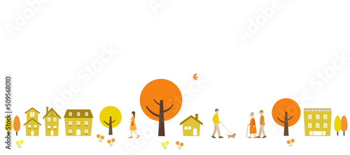 秋の街並みと紅葉の木　背景