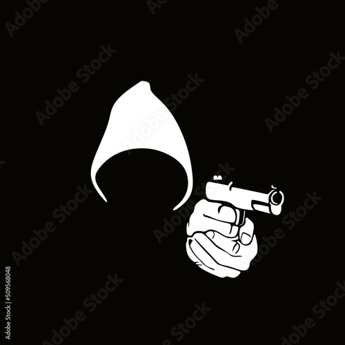 white shooter logo, silhouette of a man wearing jacket with gun shooting on his hand, vector illustrations