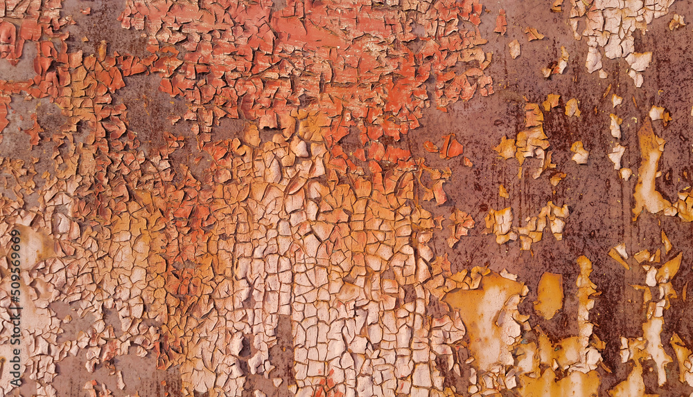 Obraz premium Rusty metal wall texture with peeling paint and scratches