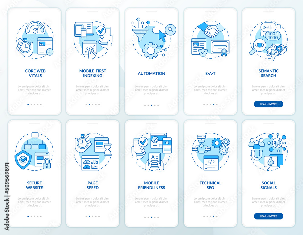 Search engine optimization blue onboarding mobile app screen set. Walkthrough 5 steps editable graphic instructions with linear concepts. UI, UX, GUI template. Myriad Pro-Bold, Regular fonts used