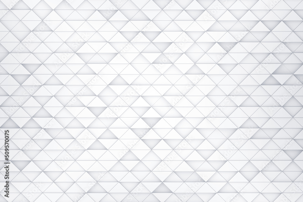 Fototapeta premium Abstract white background with triangles grid. Small mosaic cells random up down move 3d illustration