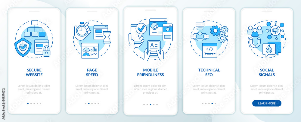 SEO ranking factors blue onboarding mobile app screen. Walkthrough 5 steps editable graphic instructions with linear concepts. UI, UX, GUI template. Myriad Pro-Bold, Regular fonts used - obrazy, fototapety, plakaty 