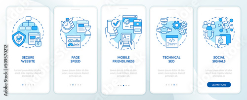 SEO ranking factors blue onboarding mobile app screen. Walkthrough 5 steps editable graphic instructions with linear concepts. UI, UX, GUI template. Myriad Pro-Bold, Regular fonts used