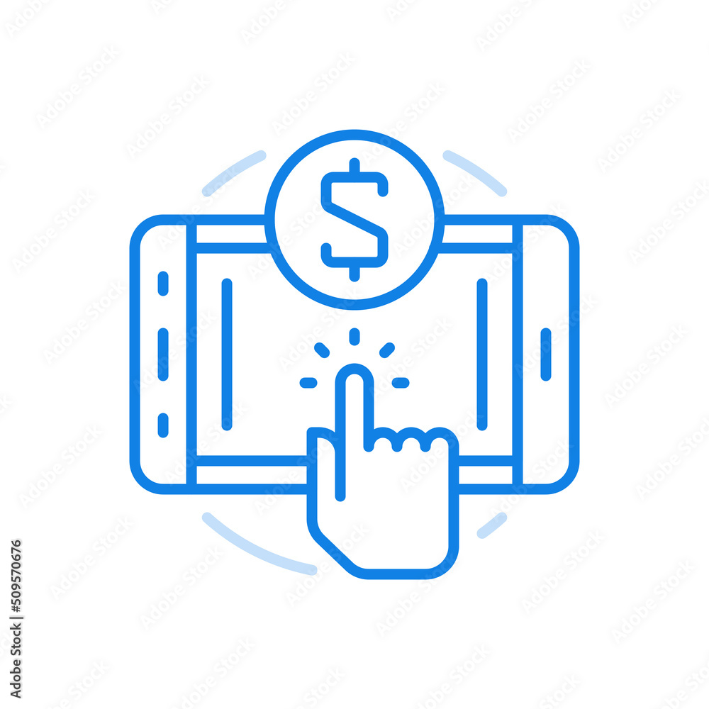 Payment via mobile apps vector line icon. Electronic financial transactions and commercial settlements. Payment via mobile apps vector line icon. Electronic financial transactions and commercial settlements.