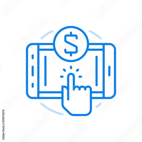 Payment via mobile apps vector line icon. Electronic financial transactions and commercial settlements.