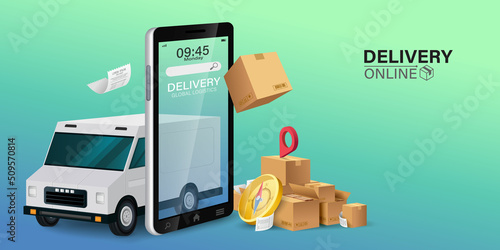 Illustration of online delivery service via mobile application.
Online Order Tracking Home and office delivery service.City logistics. Warehouse, truck, forklift, courier, delivery man, on mobile.