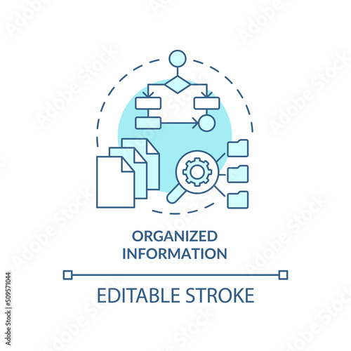 Organized information turquoise concept icon. Search engine optimization principle abstract idea thin line illustration. Isolated outline drawing. Editable stroke. Arial, Myriad Pro-Bold fonts used