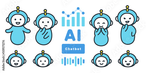様々な表情のチャットボットAIのイラストセット。