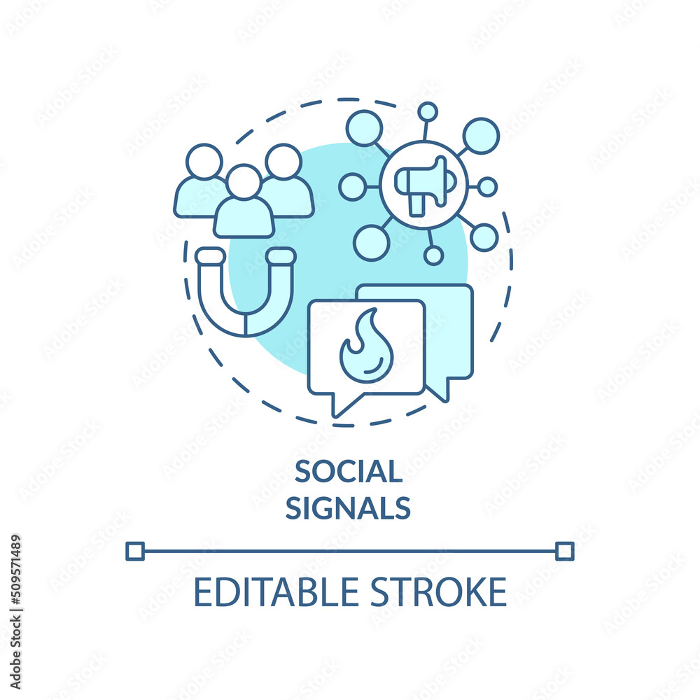 Social signals turquoise concept icon. Social media shares. SEO ranking factor abstract idea thin line illustration. Isolated outline drawing. Editable stroke. Arial, Myriad Pro-Bold fonts used Social signals turquoise concept icon. Social media shares. SEO ranking factor abstract idea thin line illustration. Isolated outline drawing. Editable stroke. Arial, Myriad Pro-Bold fonts used