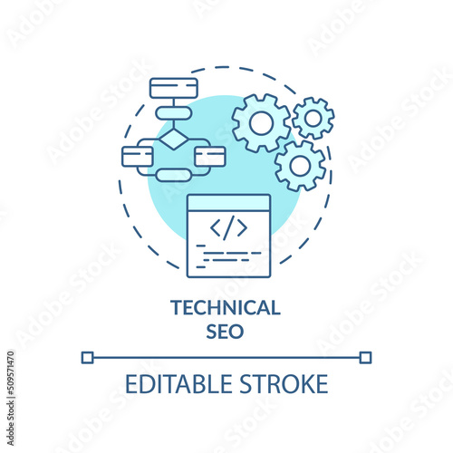Technical SEO turquoise concept icon. Improve website code. SEO ranking factor abstract idea thin line illustration. Isolated outline drawing. Editable stroke. Arial, Myriad Pro-Bold fonts used