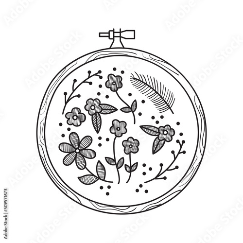 Outline doodle illustration of wooden embroidery hoop with floral ornament. Hand drawn needlework equipment sketch. Craft element vector icon isolated on white background