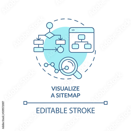 Visualize sitemap turquoise concept icon. Webpages relationship. Advanced SEO abstract idea thin line illustration. Isolated outline drawing. Editable stroke. Arial, Myriad Pro-Bold fonts used