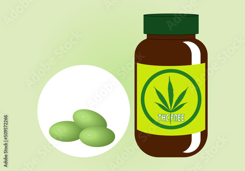 Cannabis. Frasco de cápsulas,  grageas, píldoras  o pastillas de cannabis libre de THC. Legalización del uso terapéutico del cannabis photo