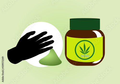 Cannabis. Frasco o tarro con ungüento de cannabis y silueta negra de una mano tocando la pomada o crema de cannabis. Legalización terapéutica del cannabis sin THC