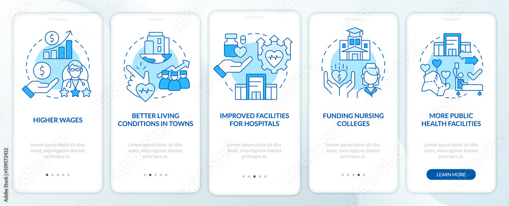 Improving healthcare access blue onboarding mobile app screen. Walkthrough 5 steps editable graphic instructions with linear concepts. UI, UX, GUI template. Myriad Pro-Bold, Regular fonts used