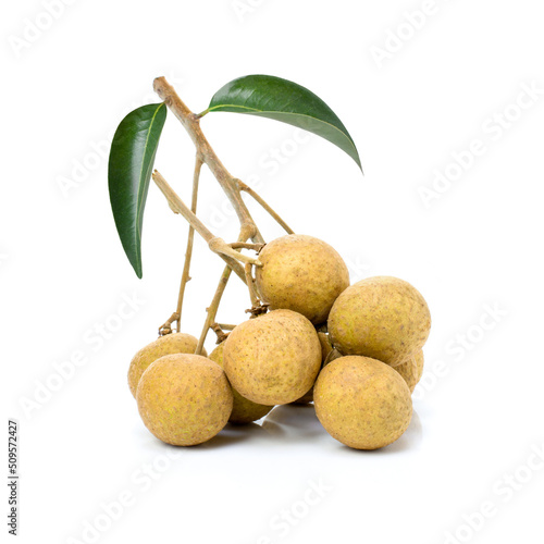 Bunch of fresh longan fruit with green leaf isolated on white background.