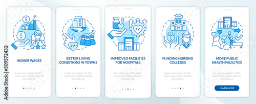 Improving healthcare access blue onboarding mobile app screen. Walkthrough 5 steps editable graphic instructions with linear concepts. UI, UX, GUI template. Myriad Pro-Bold, Regular fonts used