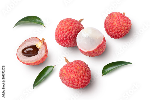 Fresh lychee with leaves isolated on white background. top view. Flat lay