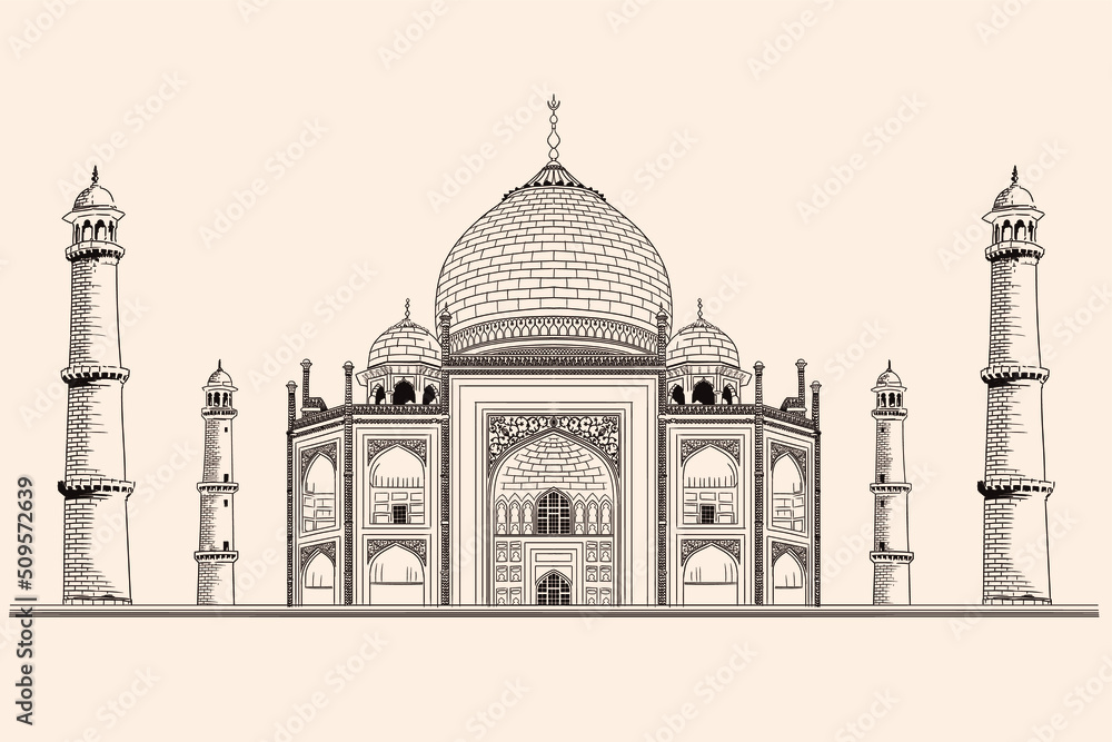 Ancient Indian temple mausoleum of Taj Mahal. Drawing isolated on a