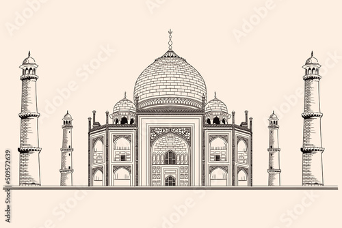Ancient Indian temple mausoleum of Taj Mahal. Drawing isolated on a beige background.