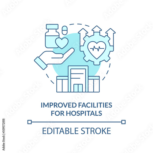 Improved facilities for hospitals turquoise concept icon. Way to healthcare redesign abstract idea thin line illustration. Isolated outline drawing. Editable stroke. Arial, Myriad Pro-Bold fonts used